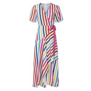 COLOR ME COURTNEY Taira Wrap Colorful Striped Midi Dress‎ SIZE MEDIUM